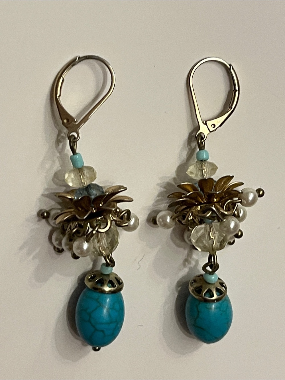 Talbots Turquoise Cluster Drop Earrings with Faux Pearls and Crystal Beads - Picture 7 of 12